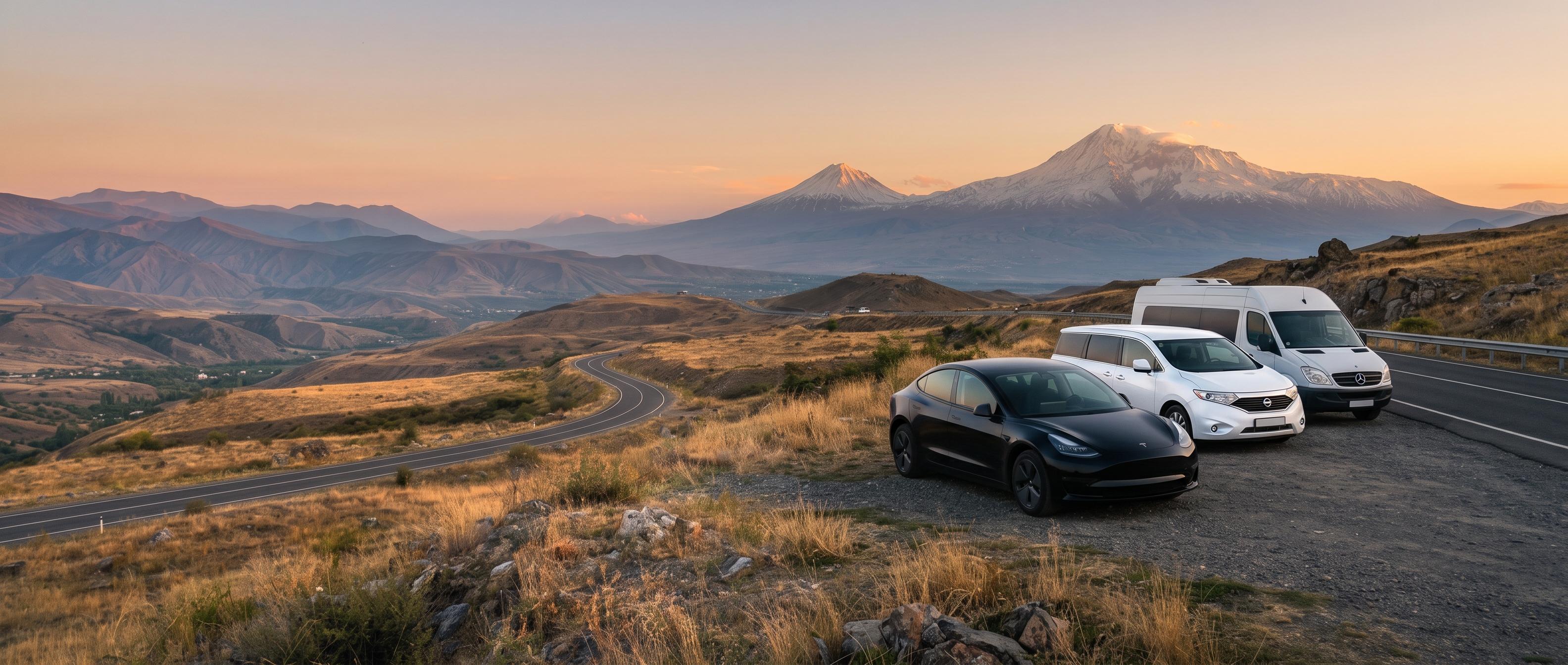 gnam.am Armenian travel fleet with Tesla Model 3, Nissan Quest and Mercedes Sprinter overlooking Mount Ararat